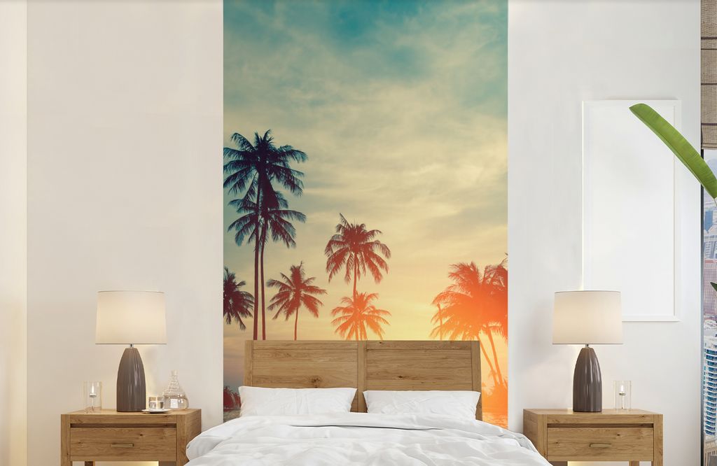 MuchoWow Fototapete für Wohnzimmer oder Schlafzimmer Wandtapete Vinyl Motivtapete Meer - Sonnenuntergang - Palme - Wolken - 120x240 cm - Hinterg...