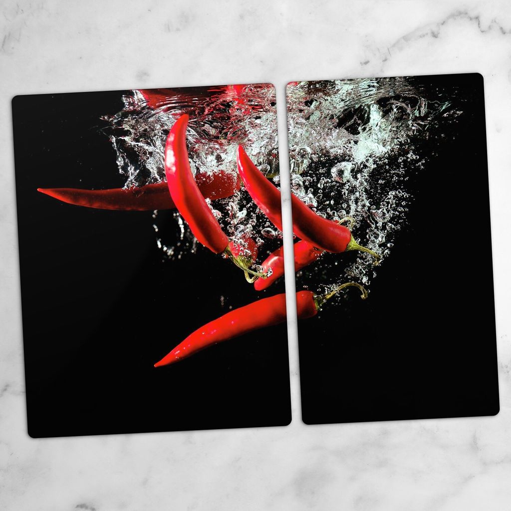 Glas-Herdabdeckplatten Glaskeramikkochfeld-Abdeckung Spritzschutz Schneidebrett Zweiteilige Glas 70x52 cm Pfeffer Gemüse