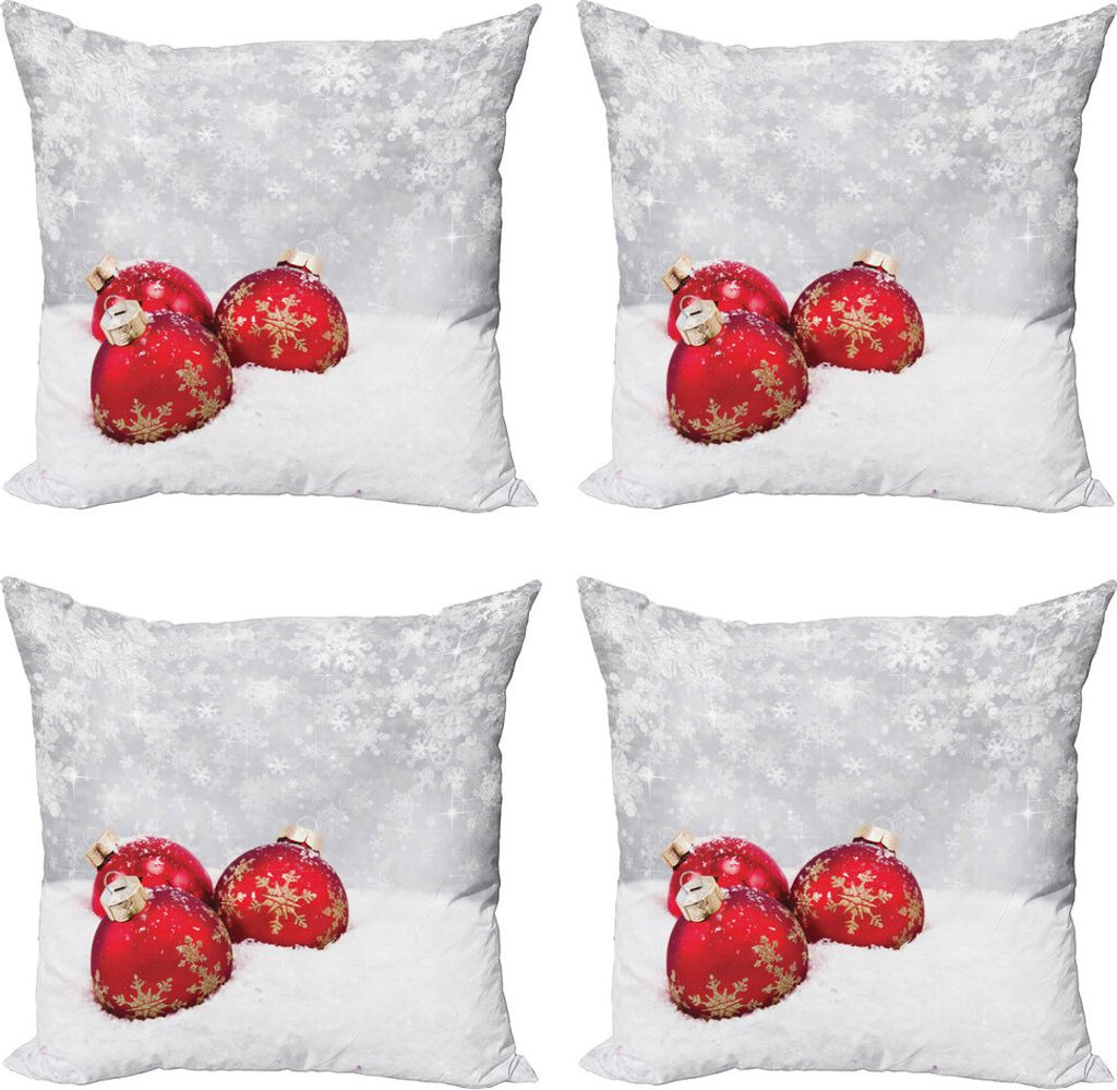 ABAKUHAUS Weihnachten Kissenbezug Set (4 Stück), Kugeln auf Schneeflocke, Moderner Doppelseitiger Digitaldruck, 45 cm x 45 cm, rot-Weiss