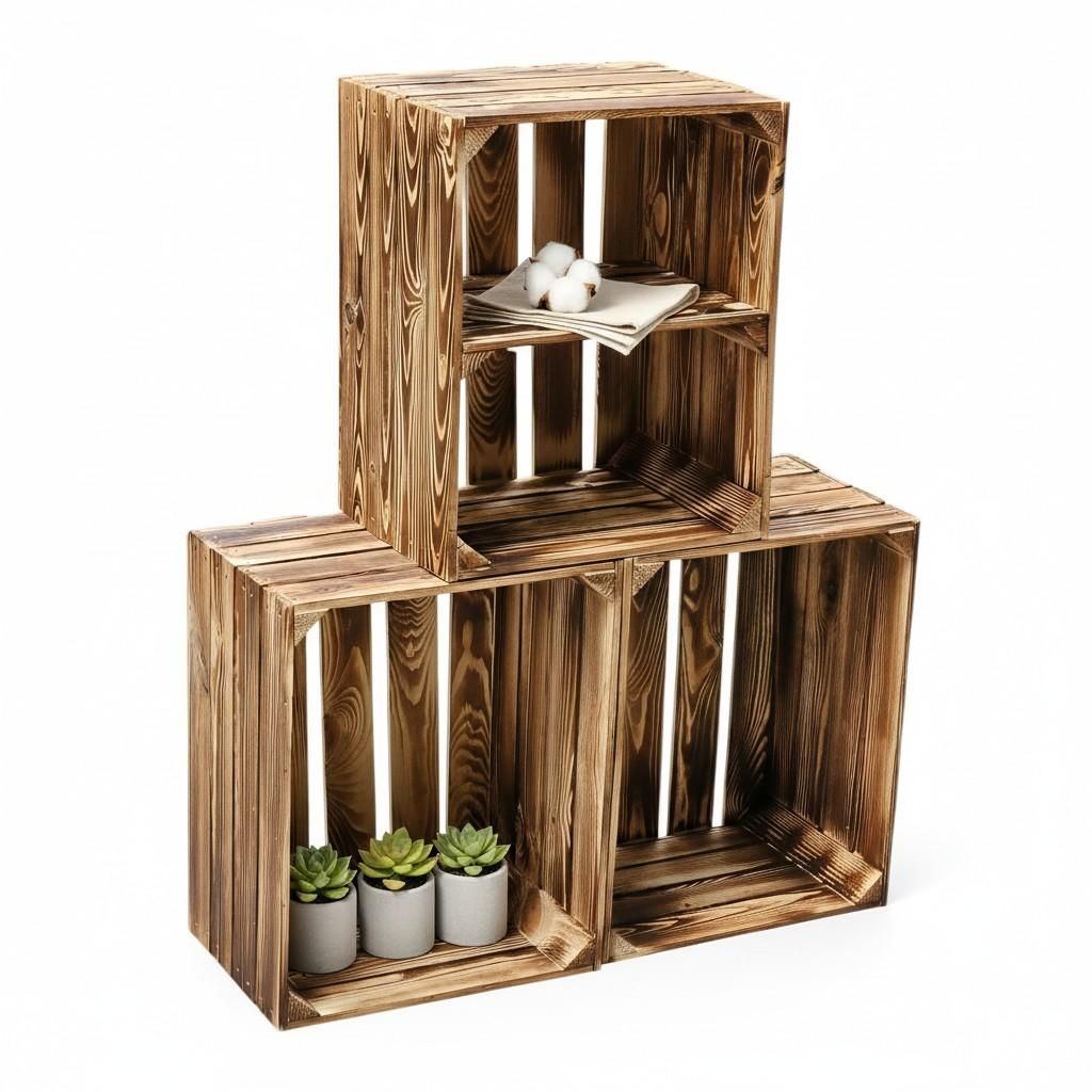Three wooden crates stacked and arranged, with decorative items inside.