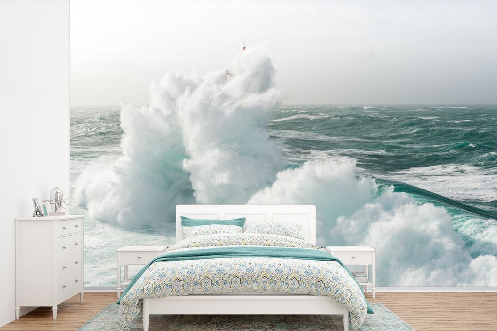 MuchoWow Fototapete für Wohnzimmer oder Schlafzimmer Wandtapete Vinyl Motivtapete Leuchtturm La Jument in einer Bucht in Frankreich - 420x280 cm...