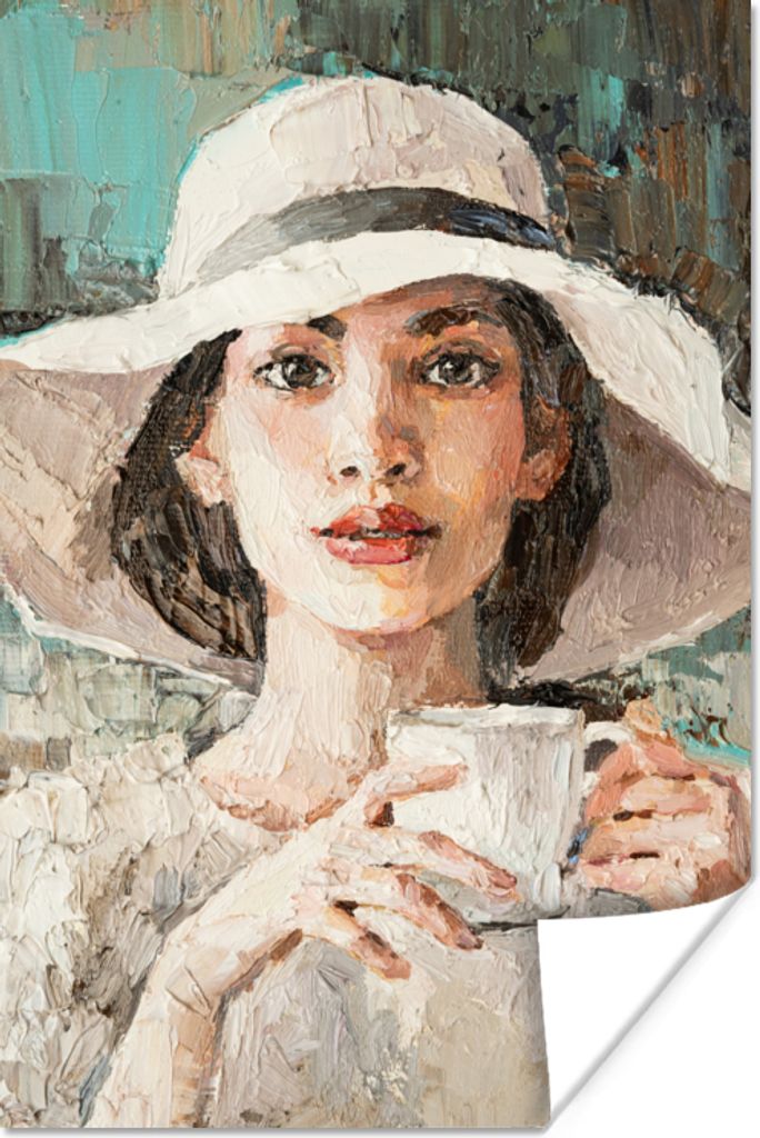 MuchoWow Poster Gemälde - Frau - Ölzeug - Hut - Kaffee 120x180 cm - Kunstposter