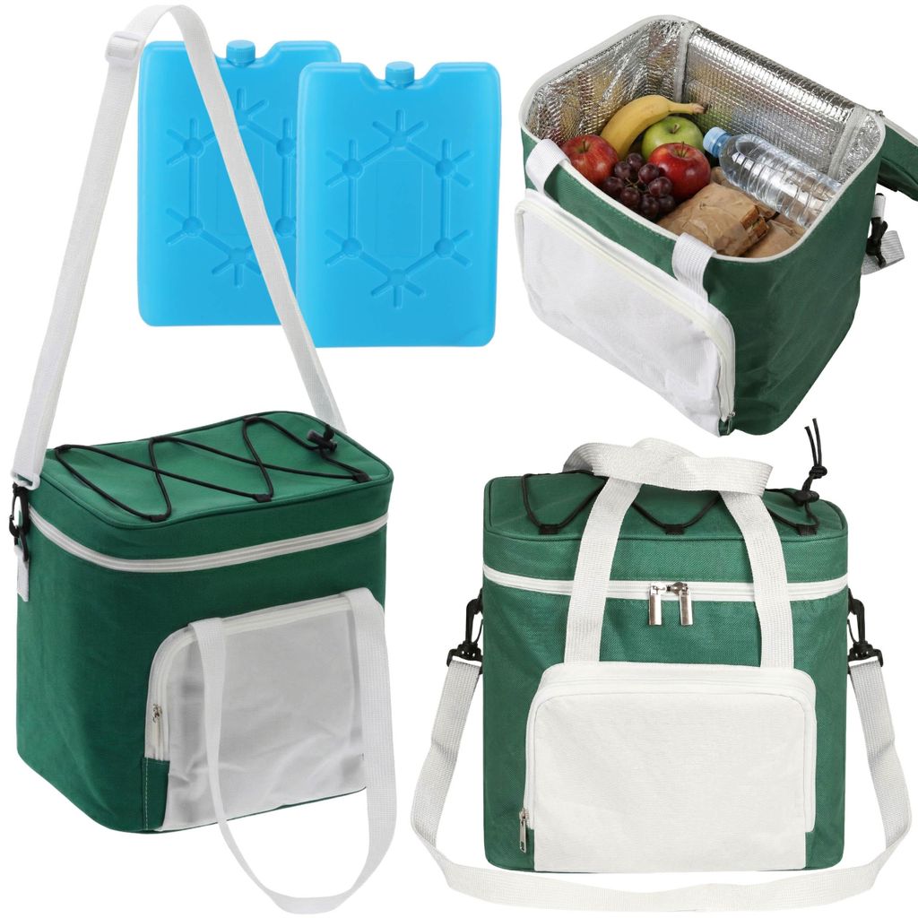 Große grüne Kühltasche 14L mit zwei Kühlakkus, isolierte Lunchbox, Thermotasche, Picknicktasche, Lunchbox Tasche, geräumig, leicht, tragbar, i...