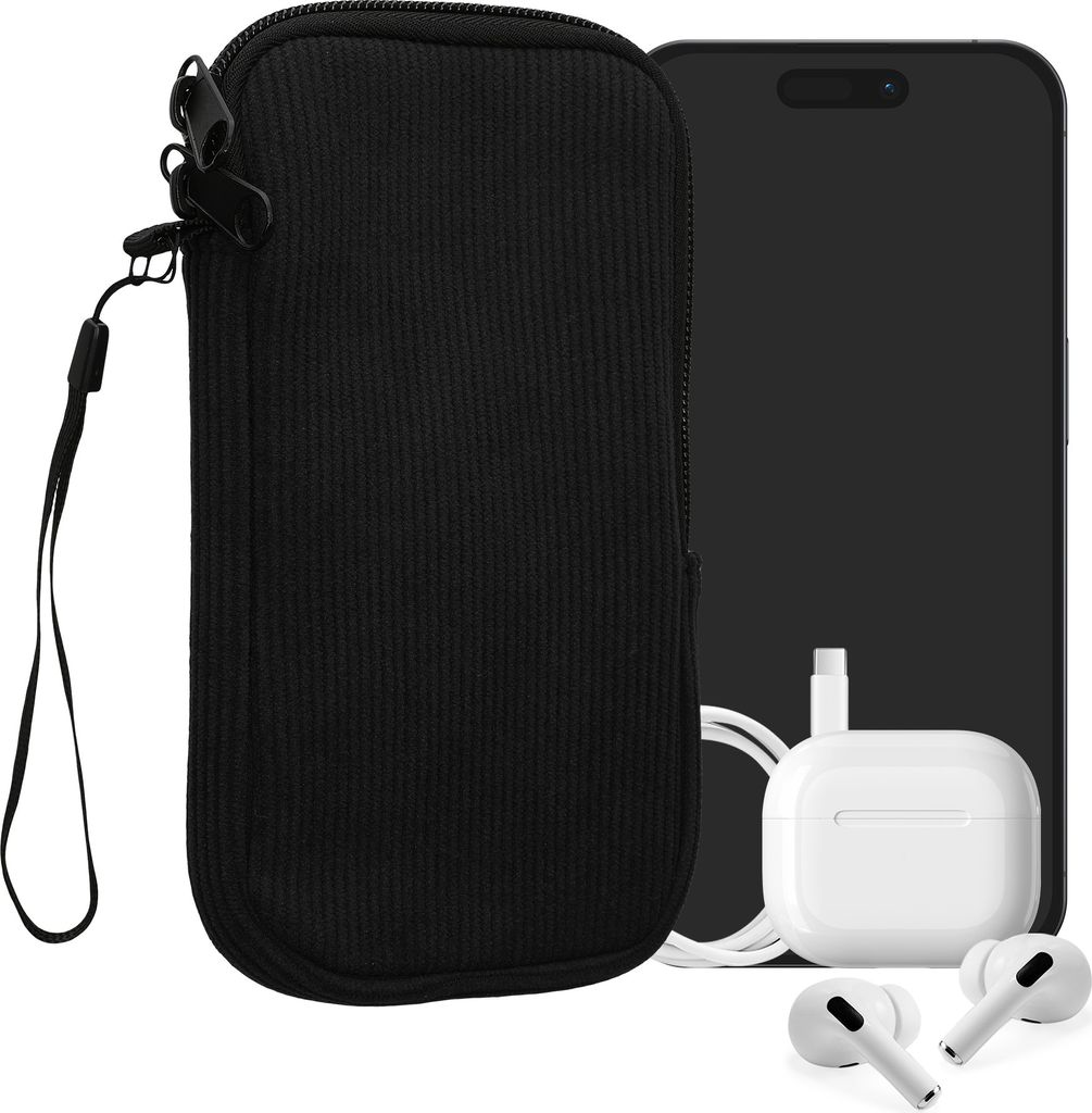 kwmobile Handytasche für XL - 6,7/6,8" Hülle - Cord und Neopren Tasche mit Handschlaufe - Case 17,2 x 8,4 cm Innenmaße - Handyhülle in Schwarz