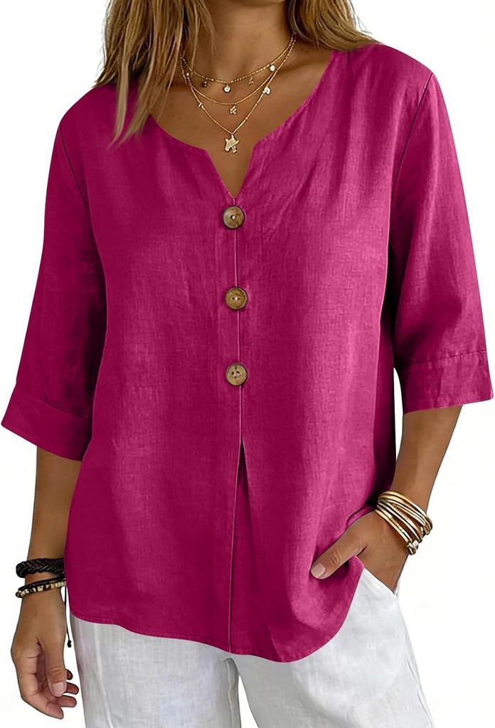 ASKSA Musselin Bluse Damen 3/4 aermel Sommerbluse Oversized Elegant V-Ausschnitt Tshirts Hawaii Hemd Leichte Kurzarm Bluse Top (Rosenrot,S)