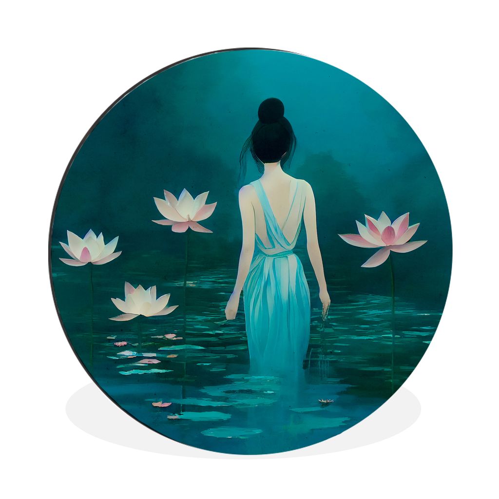 MuchoWow Aluminium Wandkreis Frau - Porträt - Wasser - Blumen - Lilie Ø 90 cm Wanddeko Modern Wohnzimmer - Mauerkreis - Wandbilder - Runde Bild...
