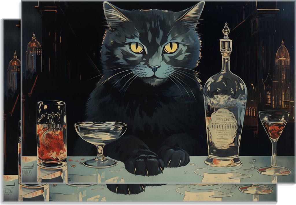 Wallario Frühstücksbrettchen 2er Set aus Glas, je 20 x 30 cm, mit rutschfesten Füßen, Motiv Katze an der Bar