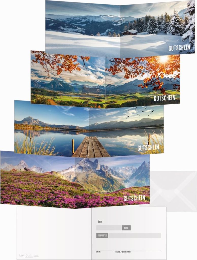 Gutscheinkarte Set A6 12+12 Stück Mountain landscapes by seasons 300g Packung mit 10 Stück