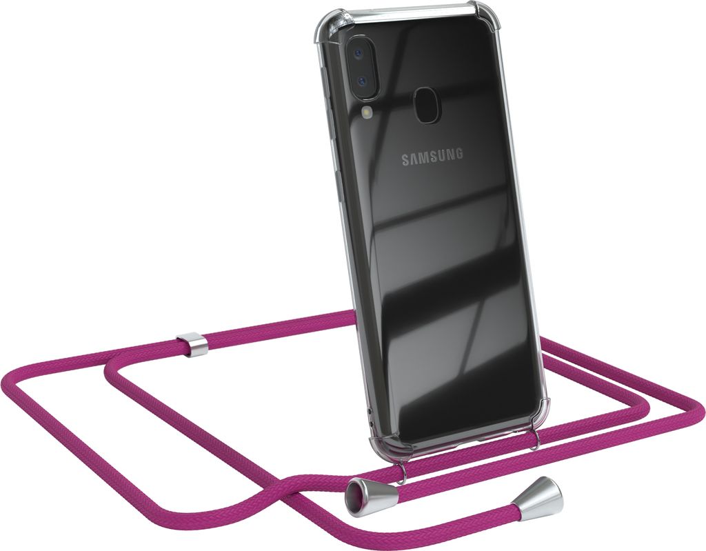 EAZY CASE Handykette kompatibel mit Samsung Galaxy A20e, Handyhülle mit Umhängeband, Handykordel, Schutzhülle Clear, Band in Rosa