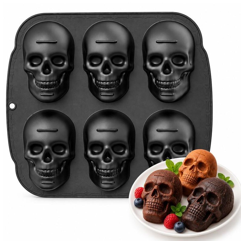Totenkopf Backform, Silikonform mit 6 Schädel-Mulden, -20 Produktbild 