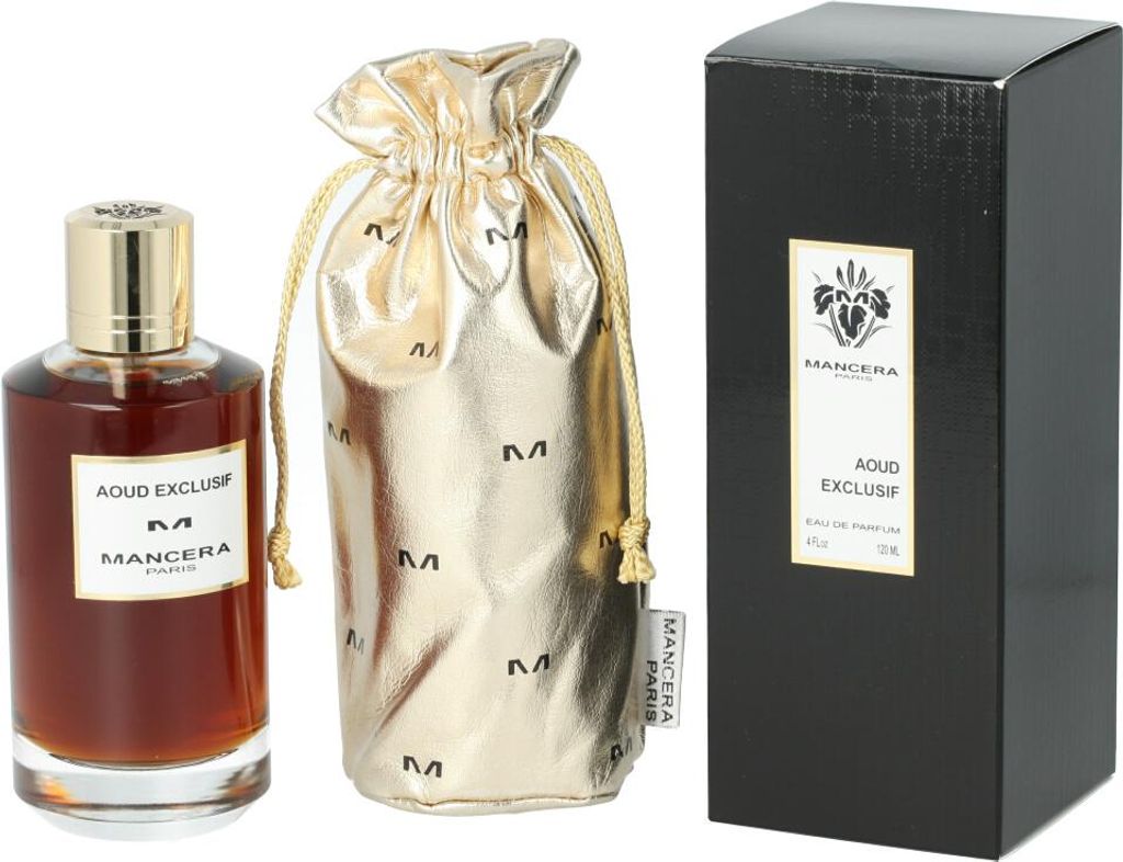 A perfume bottle, a drawstring pouch, and a perfume box are displayed against a white background.