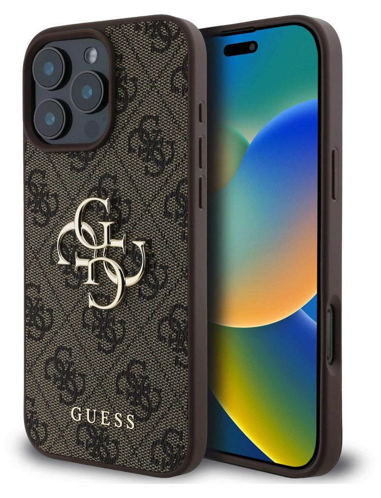 A brown Guess branded iPhone case is shown diagonally with the phone inside.