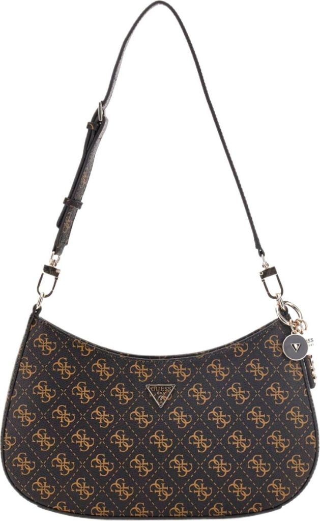 A brown GUESS shoulder bag with a repeating logo pattern and gold-toned hardware.