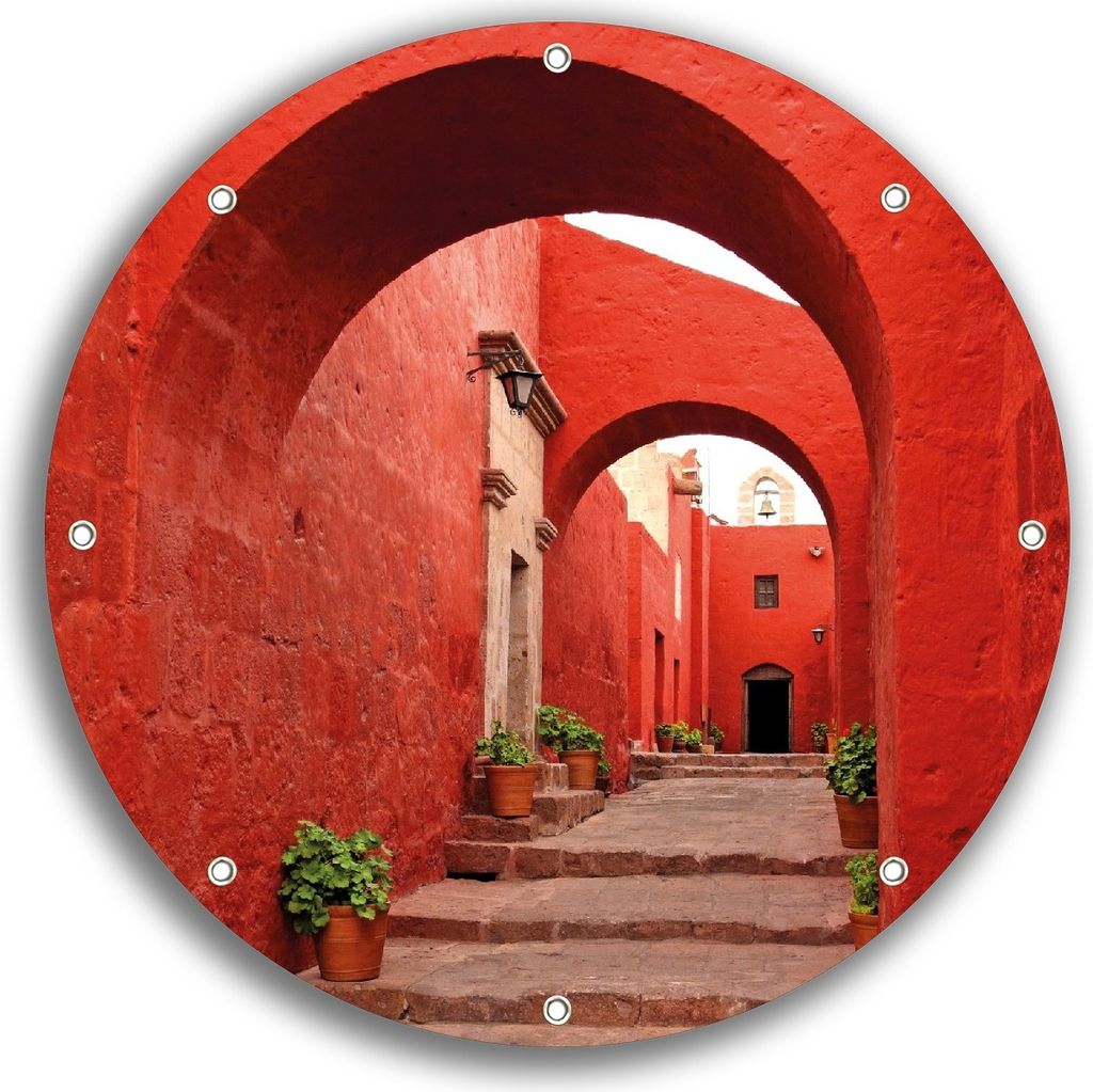 Wallario rundes Outdoor-Poster für Garten oder Balkon, Motiv Roter Torbogen, 30 cm Durchmesser