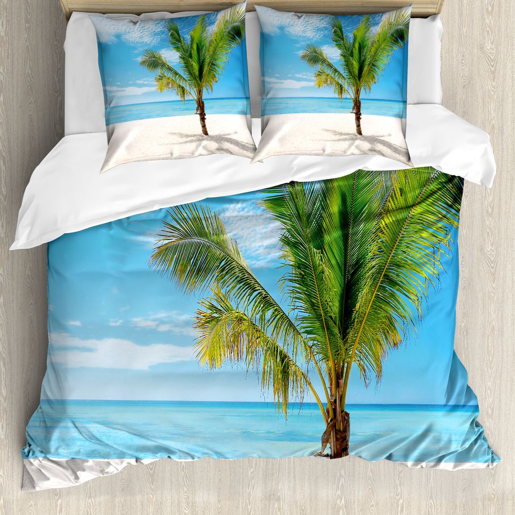 ABAKUHAUS Tropisch Bettbezug, Kokospalme am Strand, Milbensicher Allergiker geeignet mit Kissenbezügen, 155 cm x 220 cm - 80 x 80 cm, Blau Creme G...