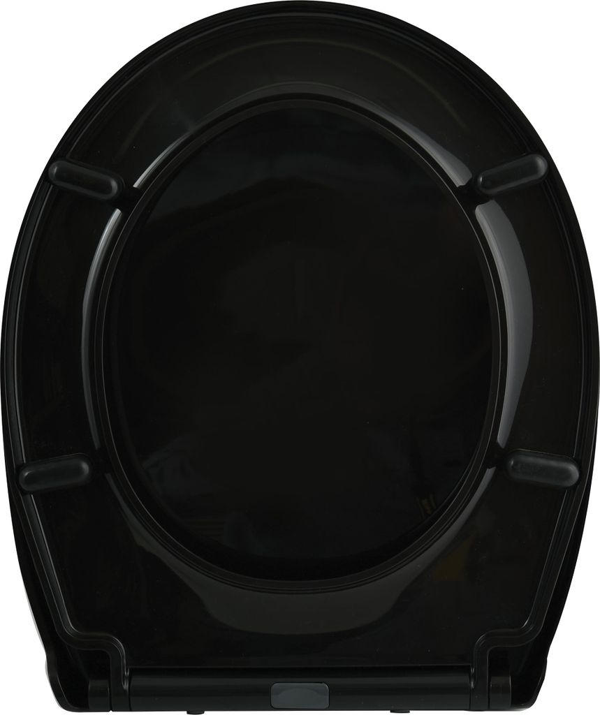 A black toilet seat is shown from a top-down view against a white background.