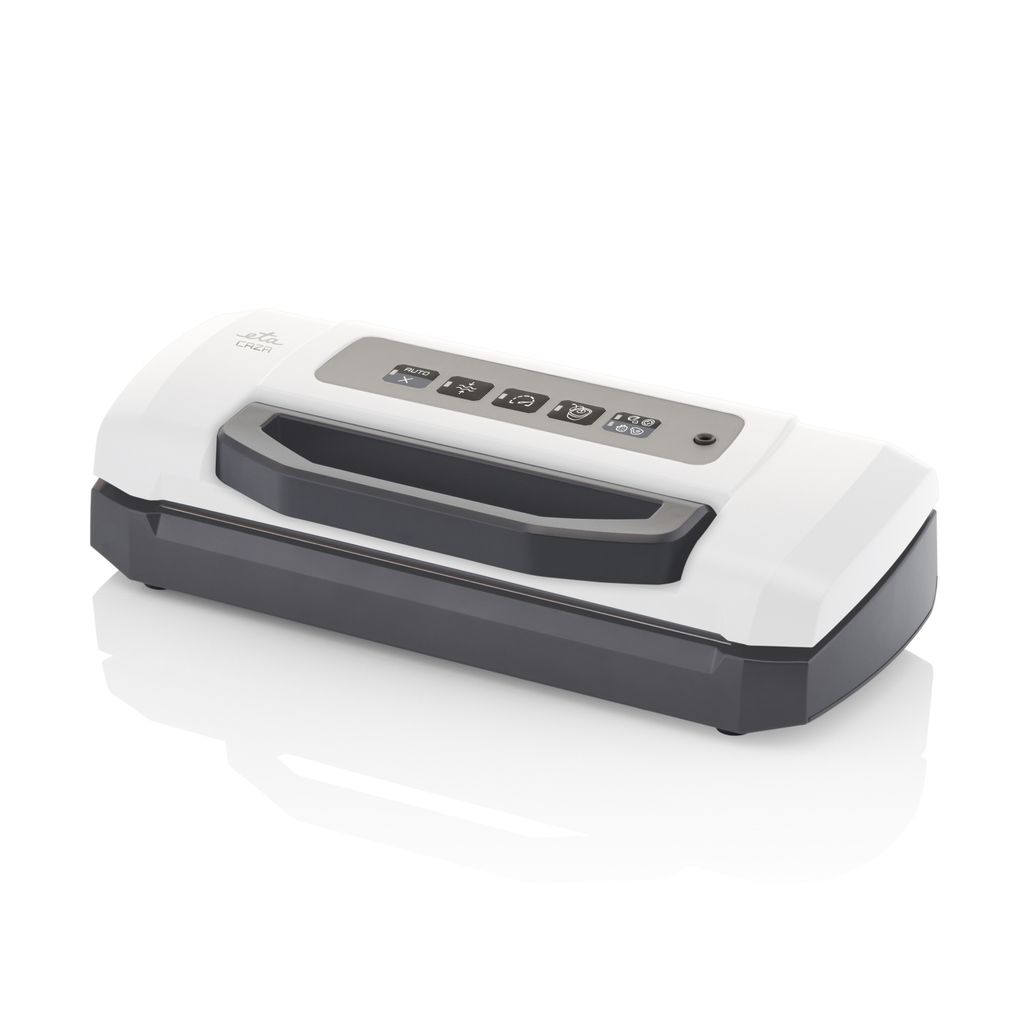 A white and gray vacuum sealer is shown on a white background.