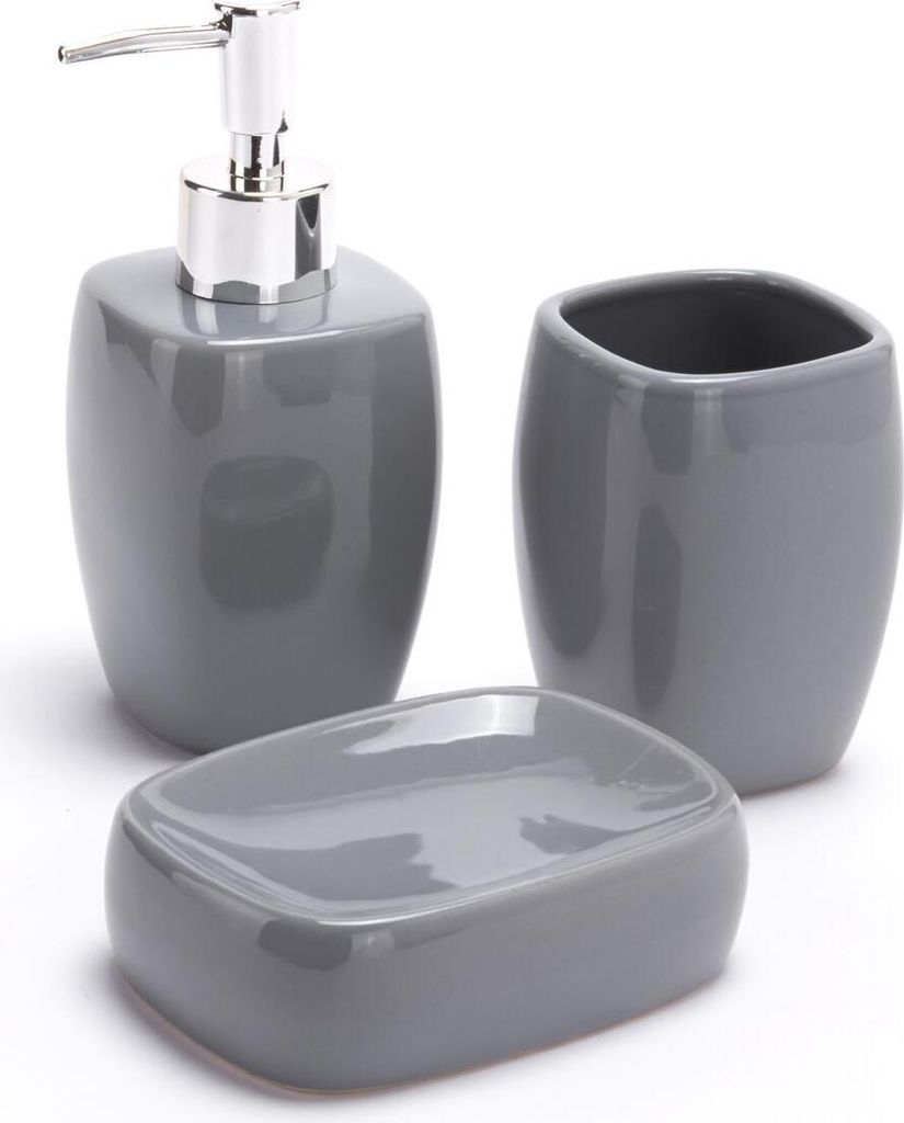 MSV Bad Accessoires Keramik 3-teilig - Seifenspender, Seifenschale, Zahnputzbecher Grau
