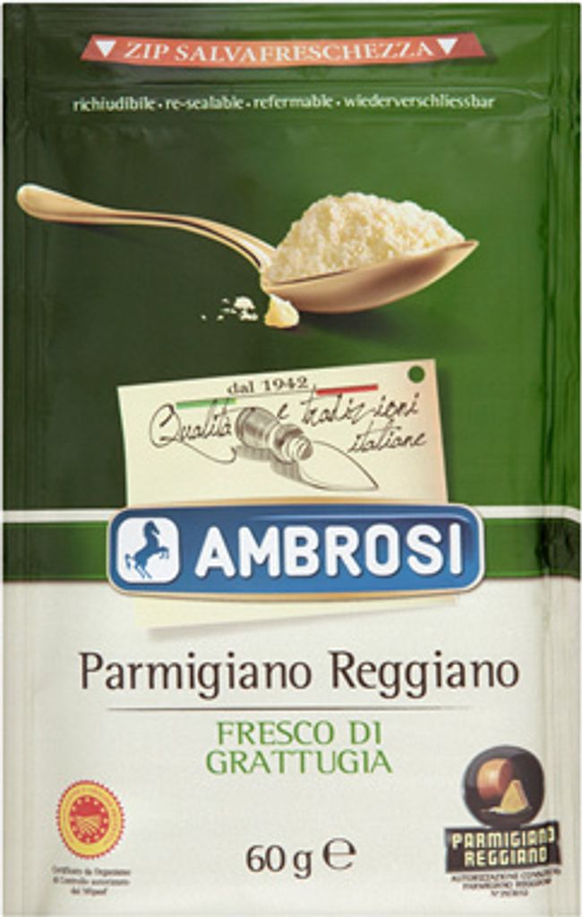 A package of grated Parmigiano Reggiano cheese.