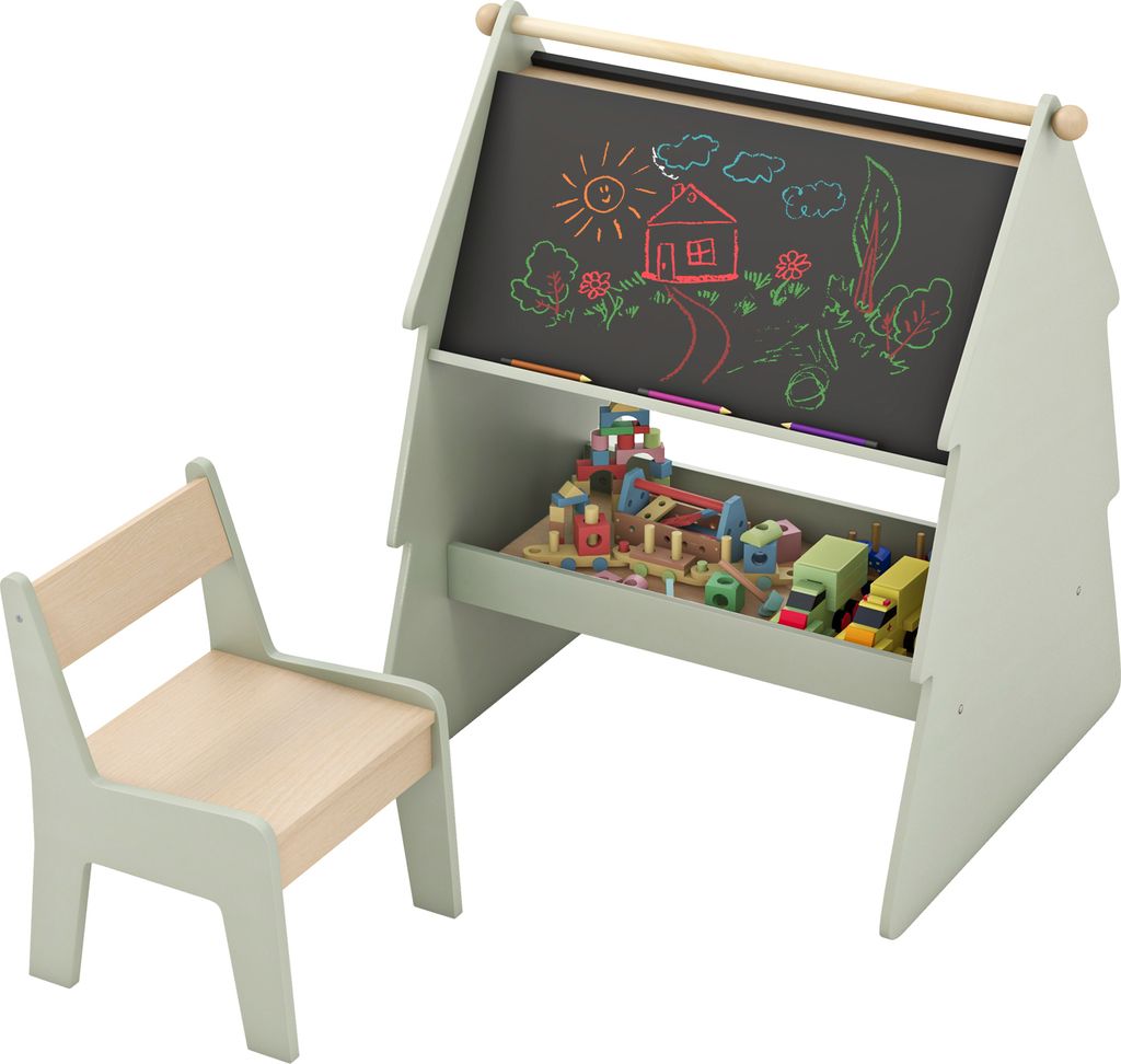 DREAMADE 2-in-1 Kinder Kunststaffelei mit Hocker, Doppelseitige Kindertafel mit Papierrolle & Ablagefläche