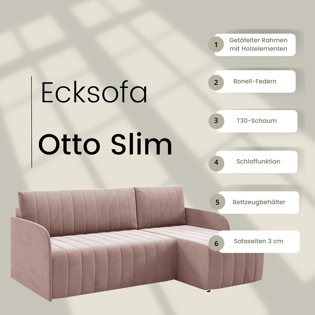 LIKMA Senf Ecksofa Otto 224cm Mit Schlaffunktion & Bettkasten - Velvet