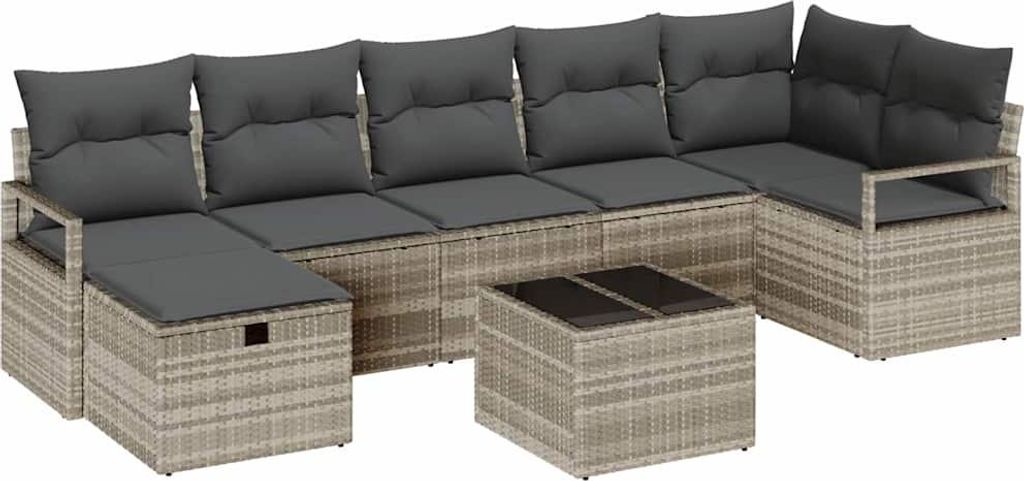 "2026 MODERNE" Sofa Set mit Kissen mit Speicher 8 pcs Hellgrau Poly-Rattan - 287x122x85cm - Gartensofas NeuMöbel376705