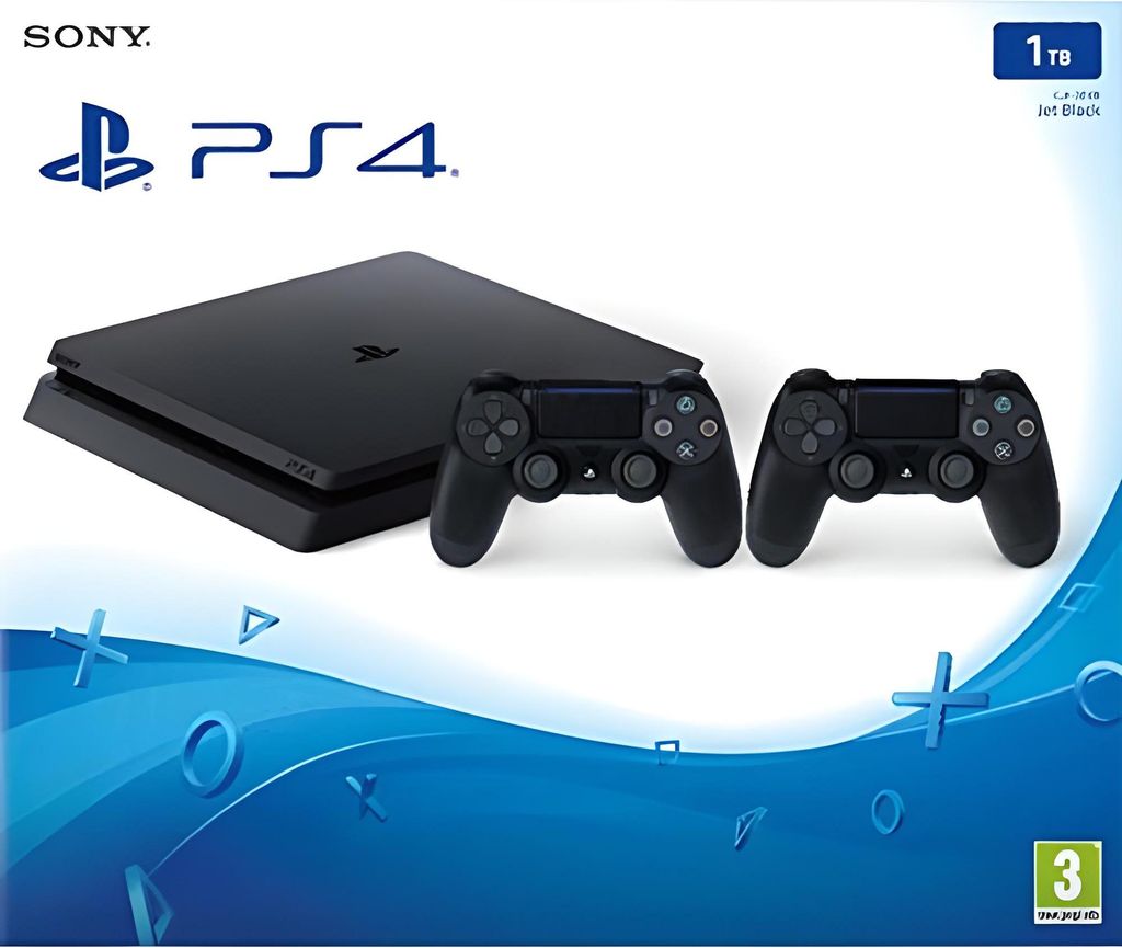 Product shot of a PlayStation 4 console with two controllers.