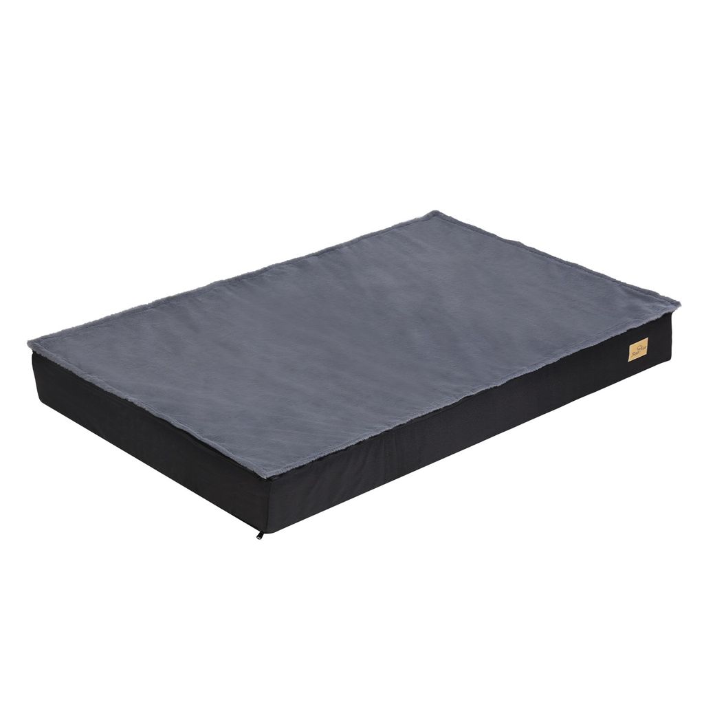 A dog bed with a gray top and black sides, shown from a slight angle on a white background.