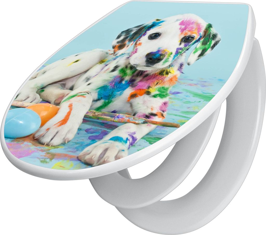 banjado Familien WC Sitz mit Absenkautomatik 37x44,5x5cm -Bunter Dalmatiner - Klodeckel/Klobrille mit kindersitz aus hochwertigem Polypropylen - un...