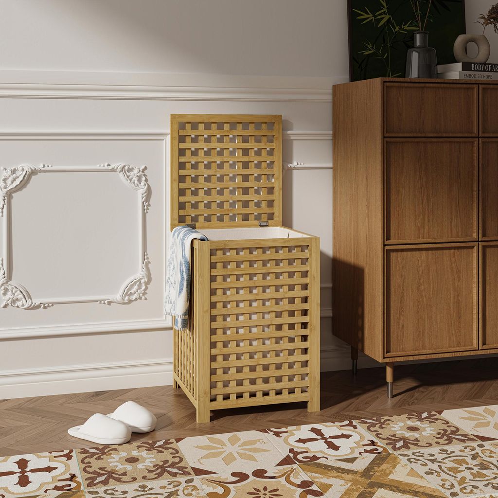 Wäschekorb 'Jystiand' mit Deckel und Wäschesack 79 L Gitteroptik Bambus Natur