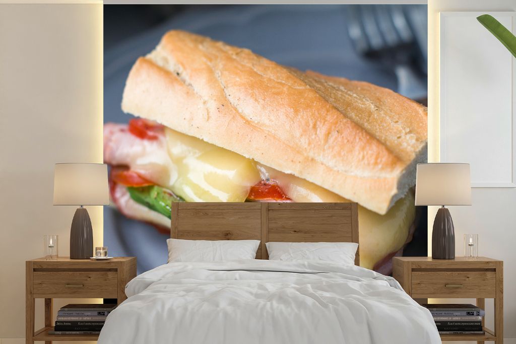 MuchoWow Fototapete für Wohnzimmer oder Schlafzimmer Wandtapete Vinyl Motivtapete Reichhaltig gefülltes Toastbrot zum Mittagessen - 220x220 cm ...