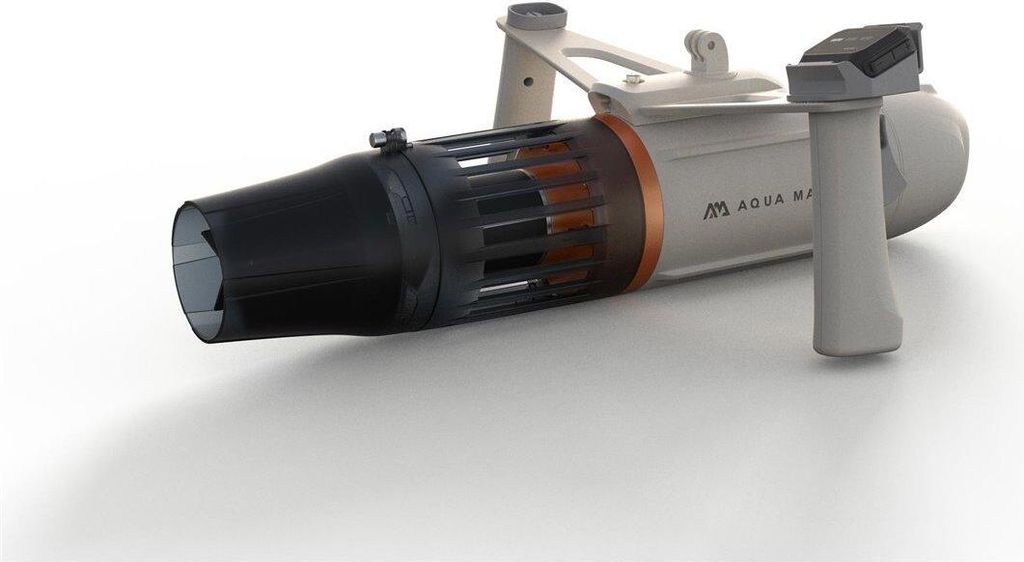 A 3D rendering of a white and black Aqua Marina BlueDrive X PRO Power Fin Tauchscooter und E-Motor.
