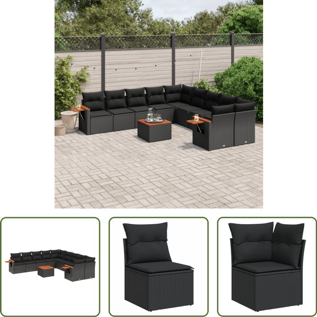 The Living Store 11-tlg. Garten-Sofagarnitur mit Kissen Schwarz Poly Rattan