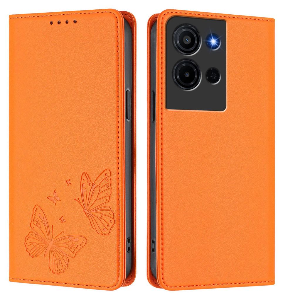 Lederhülle für TCL K32 / K33, Schmetterling Prägung Leder Brieftasche Schutzhülle mit Ständer Orange
