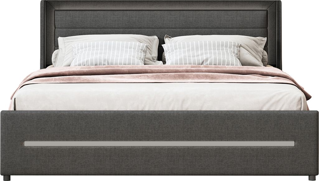Polsterbett mit farbwechselnder LED-Beleuchtung vier Ablagefächern Familienbett Einzelbett Doppelflachbett 160*200cm Grau