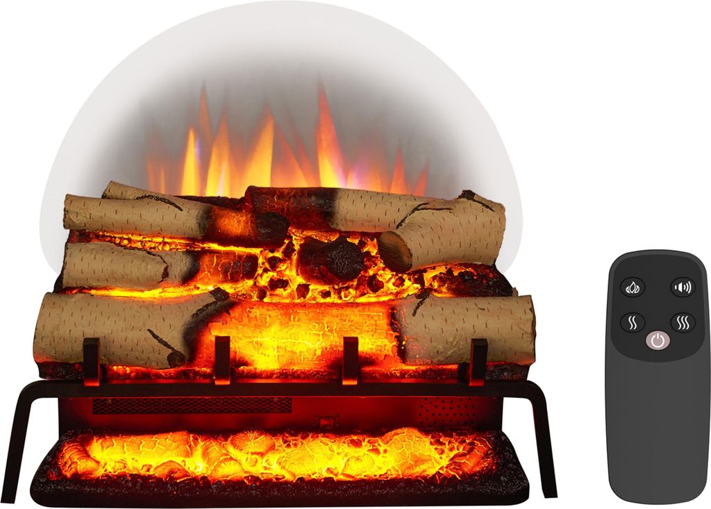 An electric fireplace log set with a remote control, displayed on a white background.