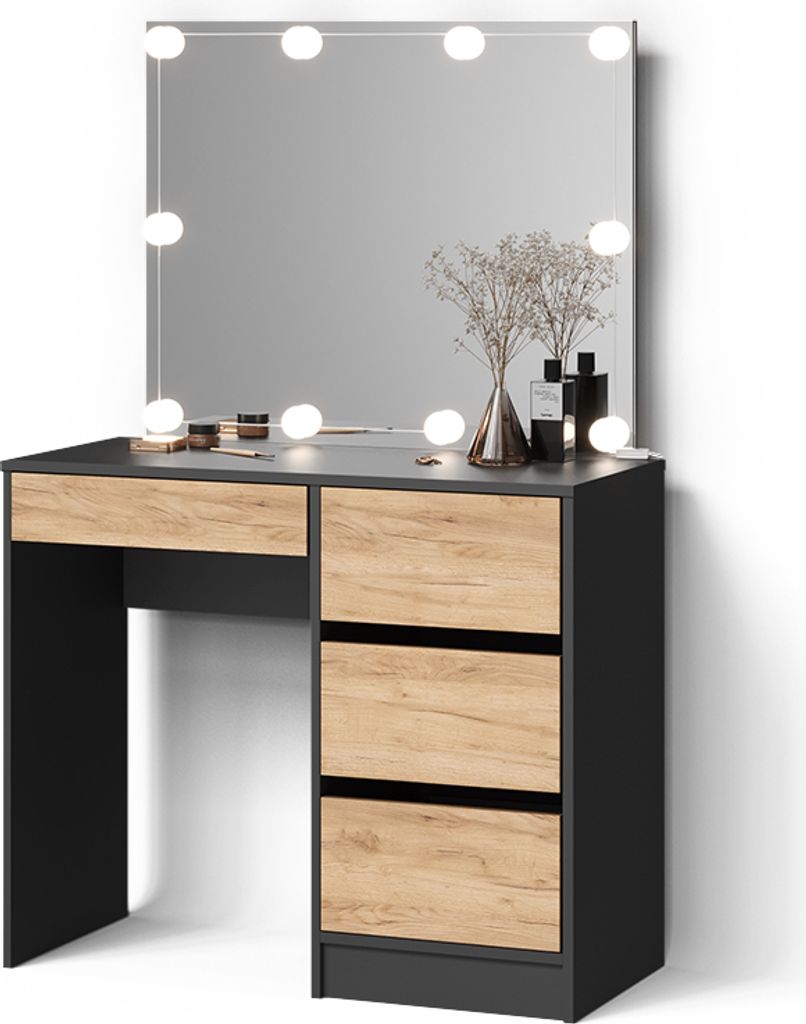Schminktisch Livinity Imola Anthrazit/Goldkraft Eiche 90 cm mit LED Beleuchtung, Model 53103