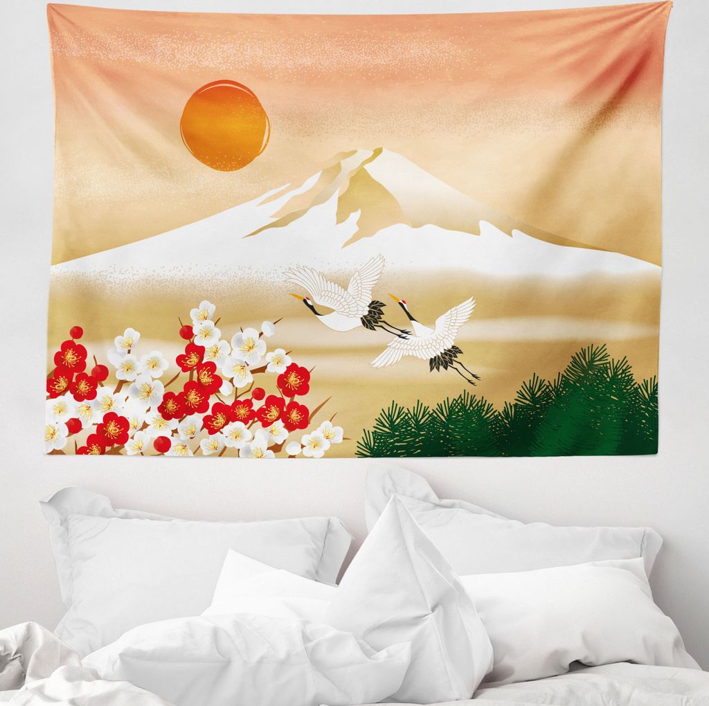 ABAKUHAUS Fuji Wandteppich, Japanische Landschaft Vögel aus Weiches Mikrofaser Stoff Waschbar ohne Verblassen Digitaldruck, 150 x 110 cm, Pale Cam...