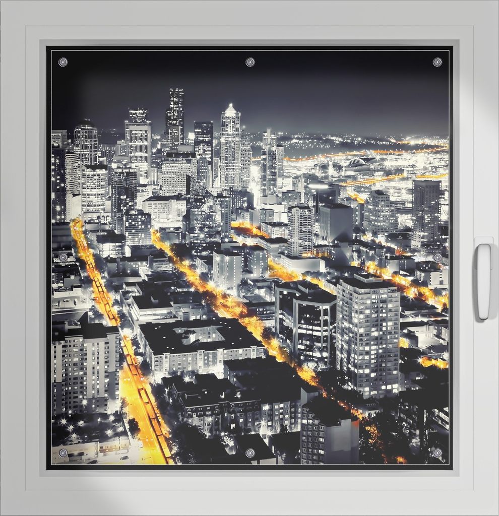 Wallario Lichtschutzbild, Dekorativer Sichtschutz Sonnenschutz 96 x 100 cm mit Motiv: Großstadt bei Nacht - Seattle in schwarz weiß gelb - Verdun...