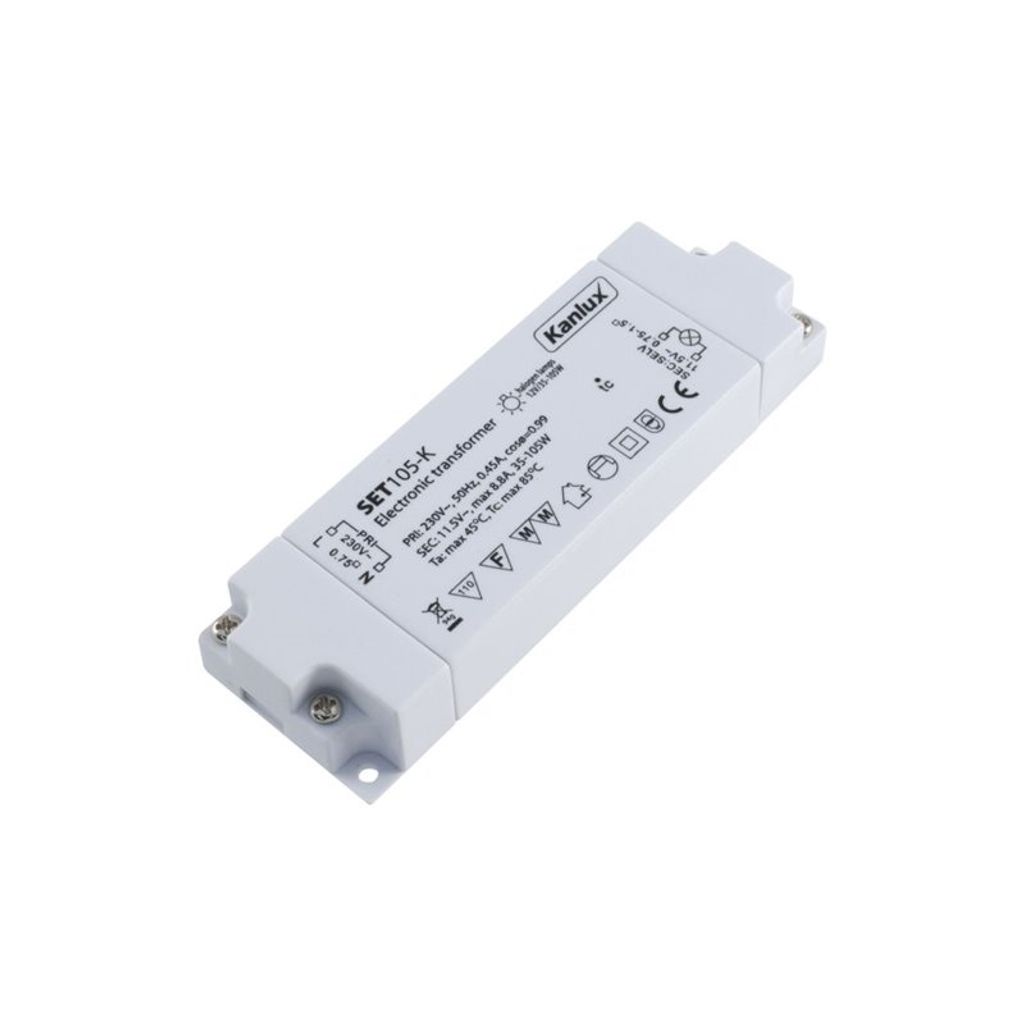A white electronic transformer for halogen lamps is shown against a white background.