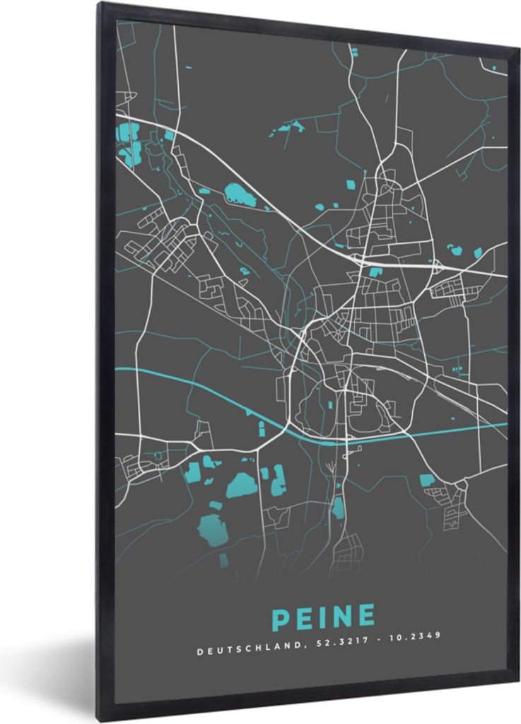 MuchoWow Gerahmtes Poster Peine - Stadtplan - Blau - Karte - Deutschland 20x30 cm - Poster mit Schwarzem Bilderrahmen Wandposter Rahmen Foto Bild...