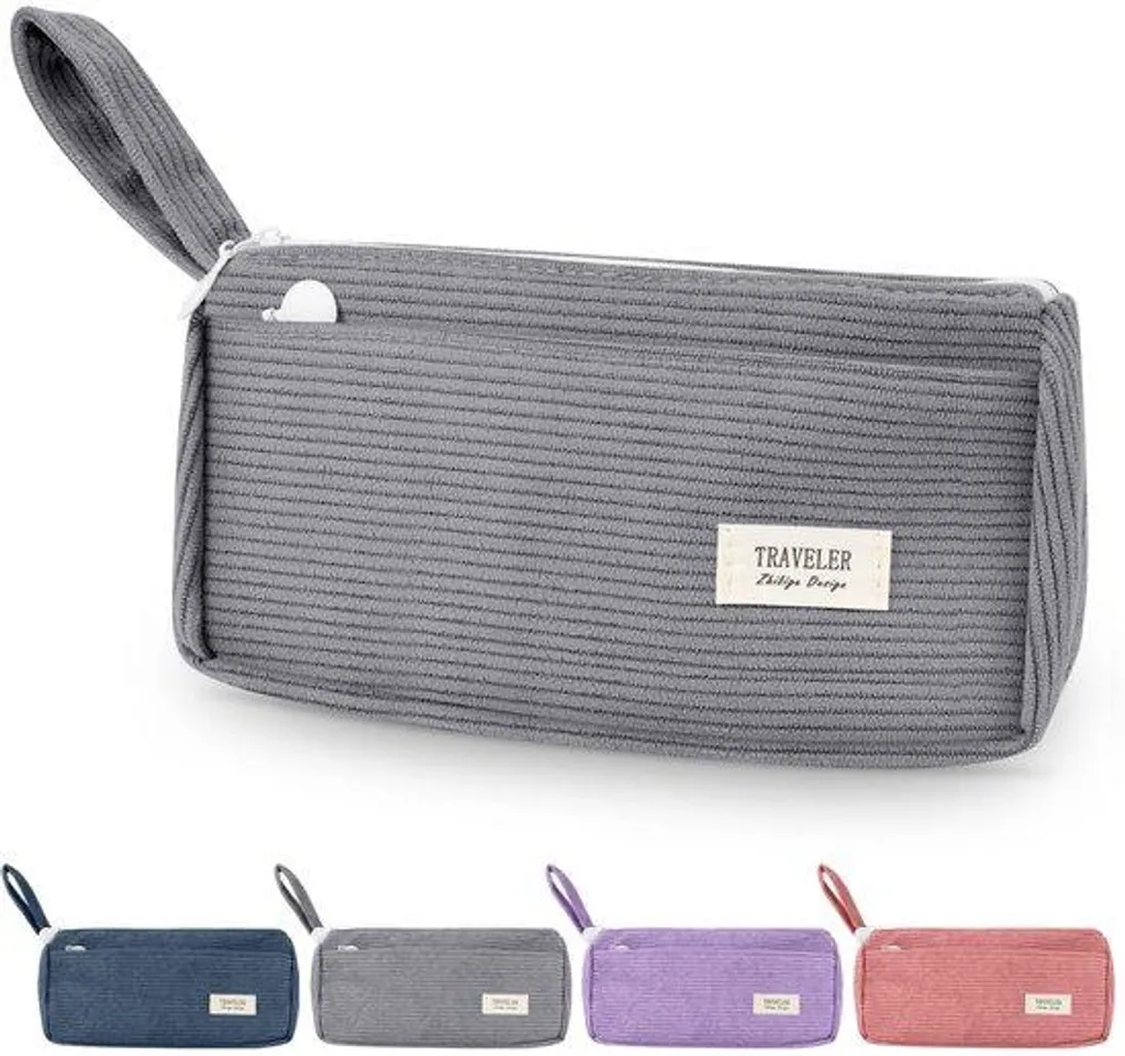 Trousse scolaire double compartiment en velours gris lavable bureau