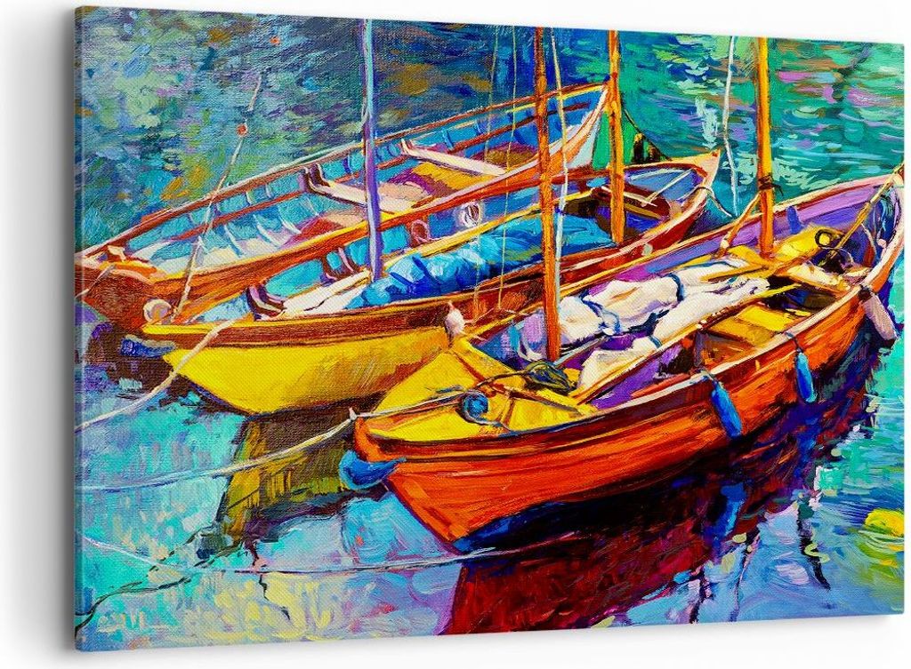 Bild auf Leinwand - Leinwandbild - Boote Bunt Angeln Wasser - 100x70cm - Wand Bild - Wanddeko - Leinwanddruck - Bilder - Kunstdruck - Wanddekoratio...