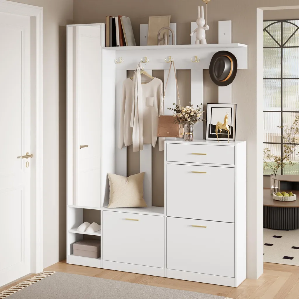 Meuble d'Entrée Blanc avec Armoire Miroir et Meuble Chaussures Gain de Place