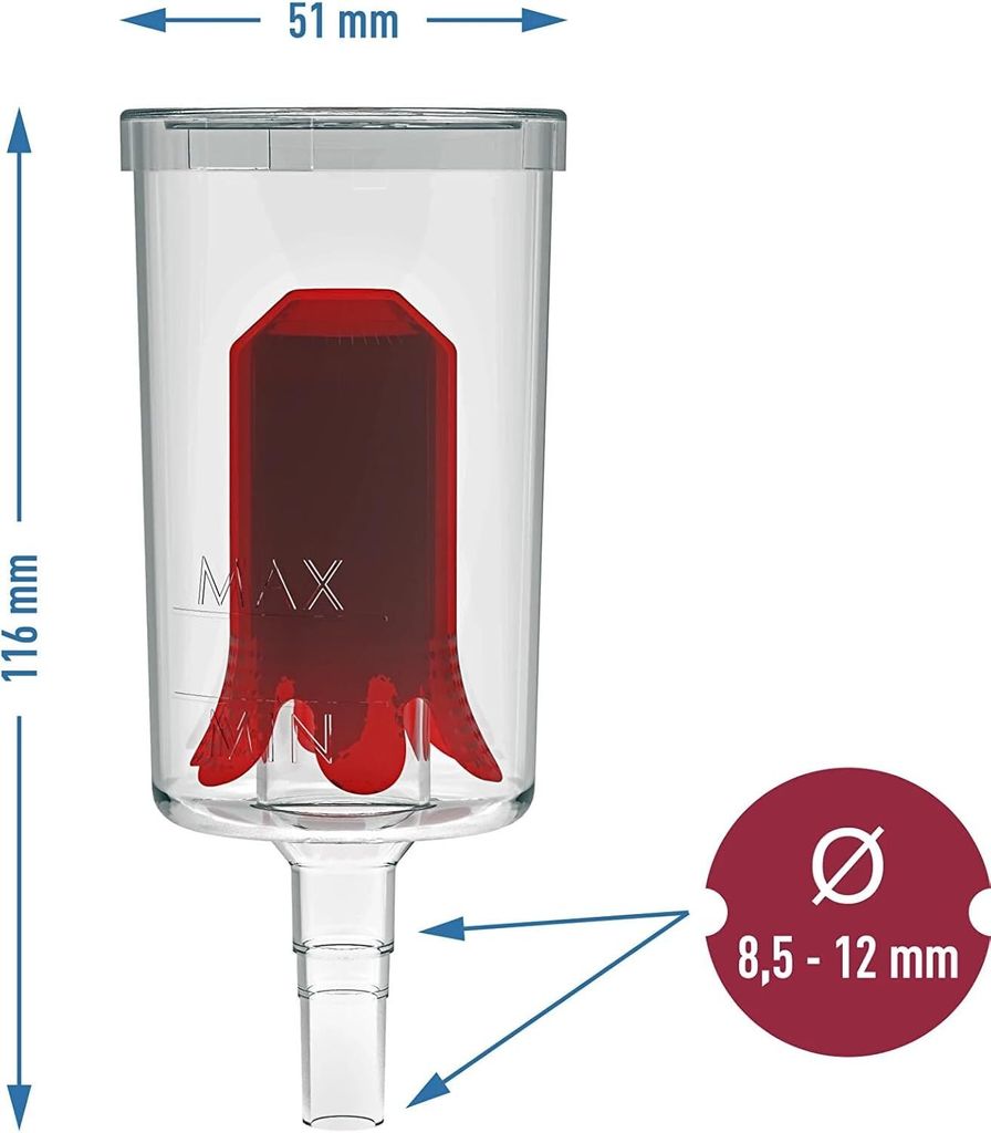 A clear product shot of a fermentation airlock with dimensions indicated.