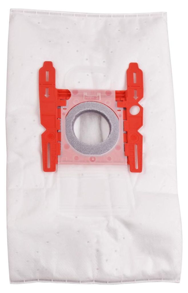 A white vacuum cleaner bag with a red plastic attachment.
