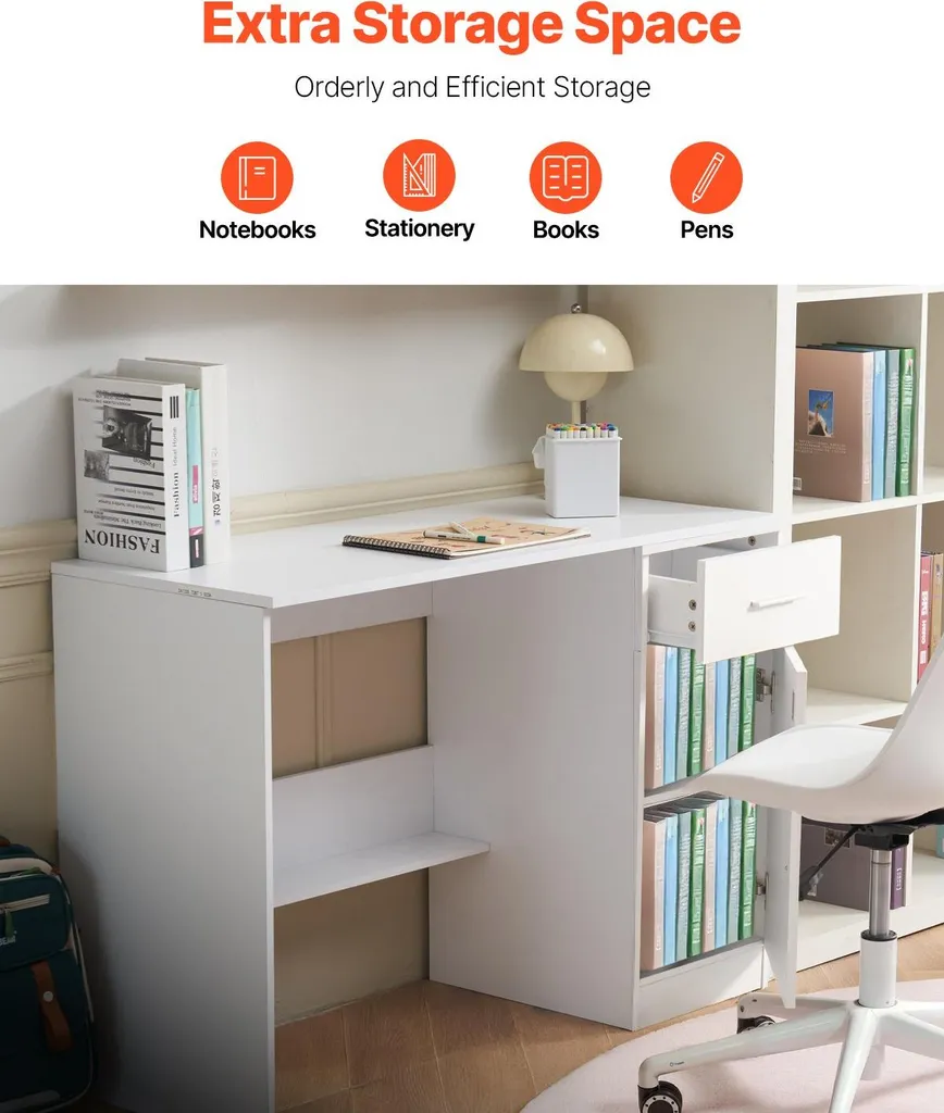 Table de bureau blanche rectangulaire avec étagère modulable en bois MDF - 4