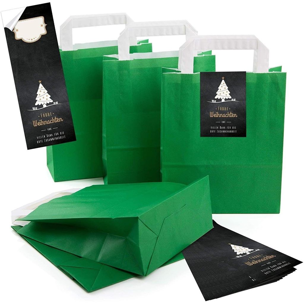 5 kleine dunkel-grün Papier-Tüte Geschenk-Tütchen mit Henkel Boden 18 x 8 x 22 cm + 5 Aufkleber FROHE WEIHNACHTEN DANKE KUNDEN BAUM schwarz wei...