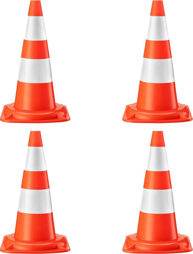 Wiltec Verkehrskegel 50 cm hoch 4 Stück, Leitkegel zum Absichern, Pylon reflektierend, Warnkegel aus robustem PVC für Baustellen
