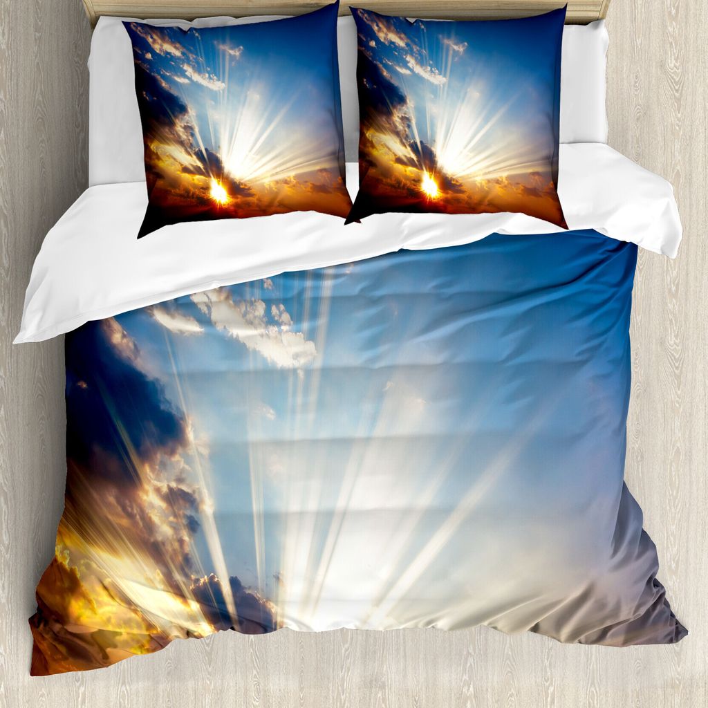 ABAKUHAUS Orange Bettbezugs Set Für Doppelbetten, Sonnenstrahlen in der Himmel-Landschaft, Milbensicher Allergiker geeignet mit Kissenbezügen, Or...